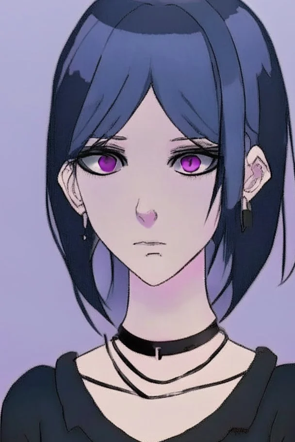 Realistic female teenager with pale skin, big grey eyes, blue and purple shoulder length hair, round face, prominent collarbones, black clothing