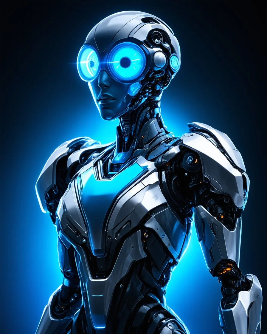 Conceptualt art. Full body. Elegant humanoid with translucent biomechanical head. Up close. Biomechanical illustration. Eye-like structure with circular ridges, machinery fused with alien biology. The glass-like material reflects bright light. High contrast colors with blue and silver tones. Neon accents on the armor. Hyper-realistic details, vibrant sci-fi colors, perfectly lit, dark background, cinematic portrait lighting, studio lighting, best quality, 8k resolution, futuristic aeste