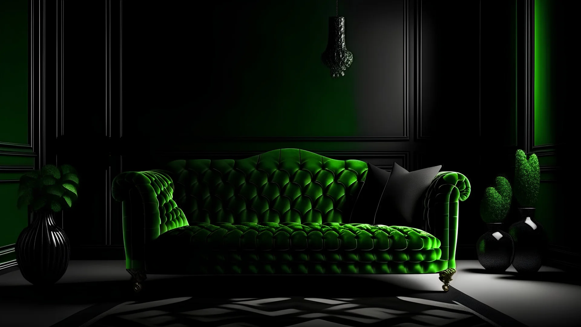 Black interior with green velour sofa, table, fur carpet and decor. 3d render illustration mock up.