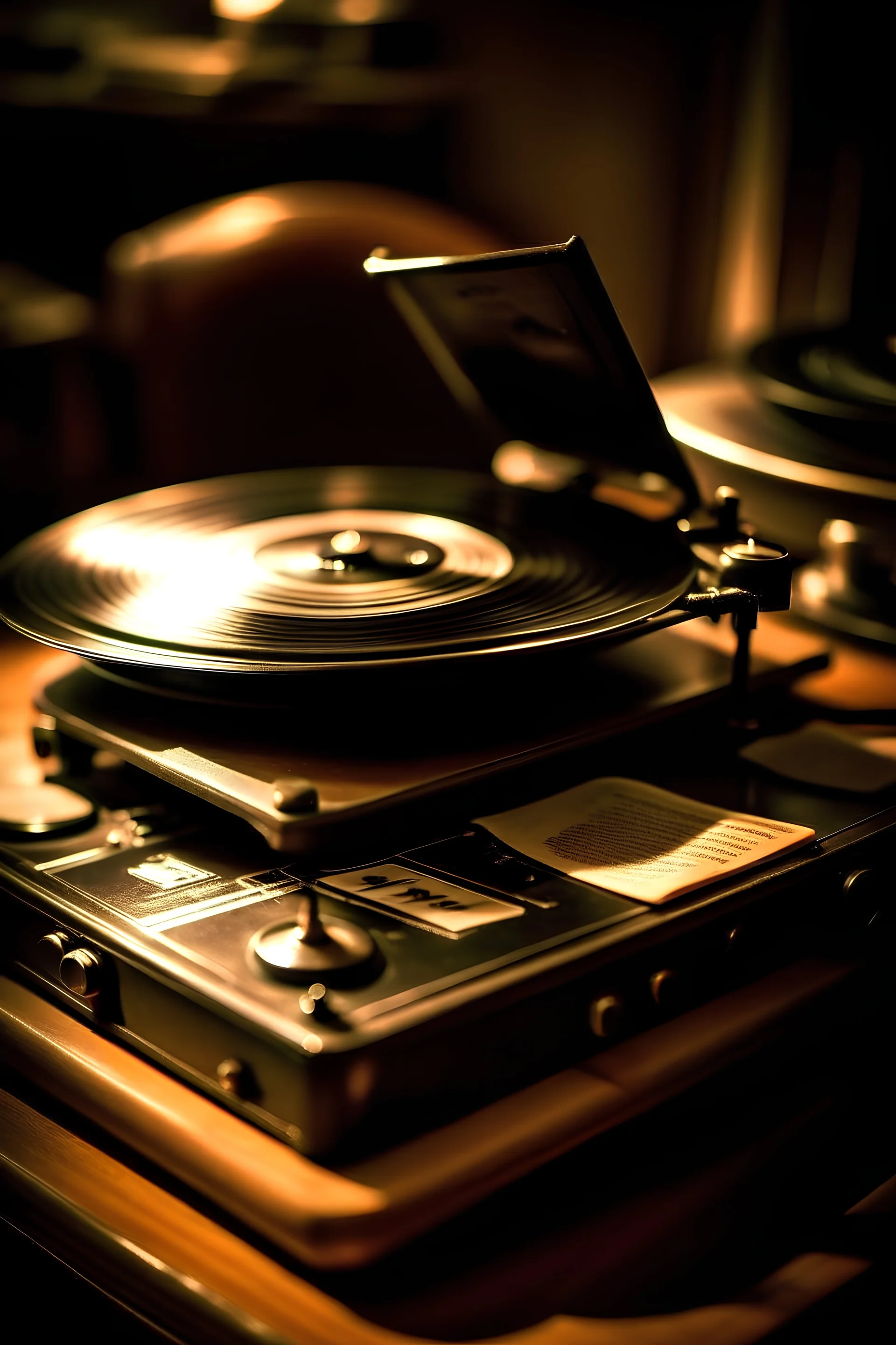 An artistic photograph of a vintage record player playing a Beatles album