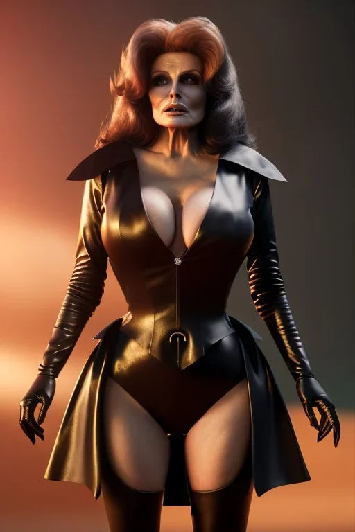 Raquel Welch as evil queen in black leather gown, angry, busty, curvey, cleavage, unreal 5, octane render, cinema4d, dynamic lighting, dramatic lighting, 4k, redshift render, highly detailed, hyper realistic