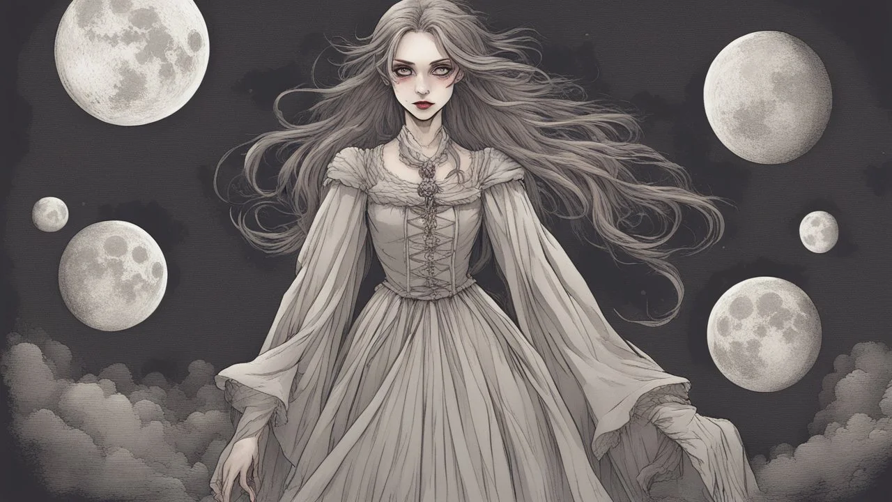 comic style, In the pallid moonlight, a peculiar girl appears - a vampire, her skin a haunting shade of spectral grey, as if she herself were wrought from the lonely heart of a forsaken moon. Cruel rubies are set into her eyes, glowing with ominous liveliness against her lifeless pallor. Blood, a sinister accompaniment to her form, the colour of garnet, seems to drip off her like a macabre jewel, casting a chilling aura of dangerous enchantment about her.