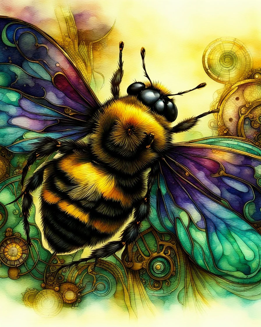 Fantasy Art Nouveau Watercolor close up macro of a bumblebee. bright vivid pretty colours. some purples. steampunk