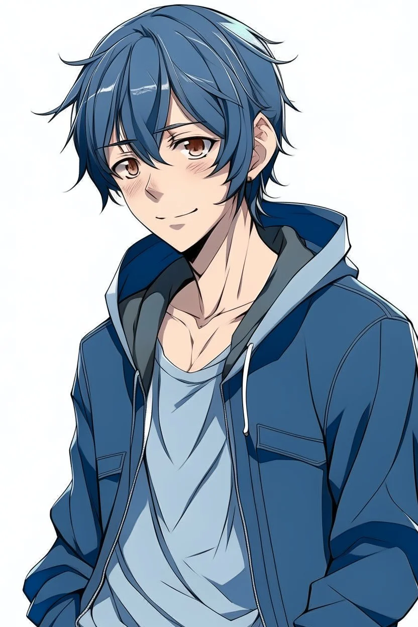 dark blue haired firm anime boy in a jean jacket