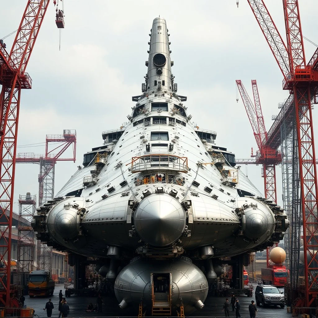 Fotografia di un'astronave, ancora in costruzione nel cantiere, si erge come un colosso d'acciaio e leghe avanzate, con una struttura principale slanciata e lucida. Il suo scafo è circondato da impalcature e gru, con tecnici che lavorano su giganteschi motori a fusione. I moduli abitativi, ancora incompleti, sono rivestiti di pannelli riflettenti, mentre enormi serbatoi e antenne per comunicazioni a lungo raggio vengono installati. L'atmosfera è frenetica ma ordinata, con un senso di attesa