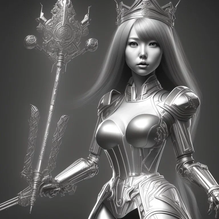 hitomi tanaka, long black hair, full body, statue bionic android, Unreal Engine 5, highly detailed, highest quality, digital painting, complex 3d render, unreal engine render, insane detail, intricate photograph quality, magnificent, majestic, highly intricate, Realistic photography, grand hall, wicked throne, holding scepter, crown of barbwire, dark color palette, metallic, highly detailed, highest quality, digital painting