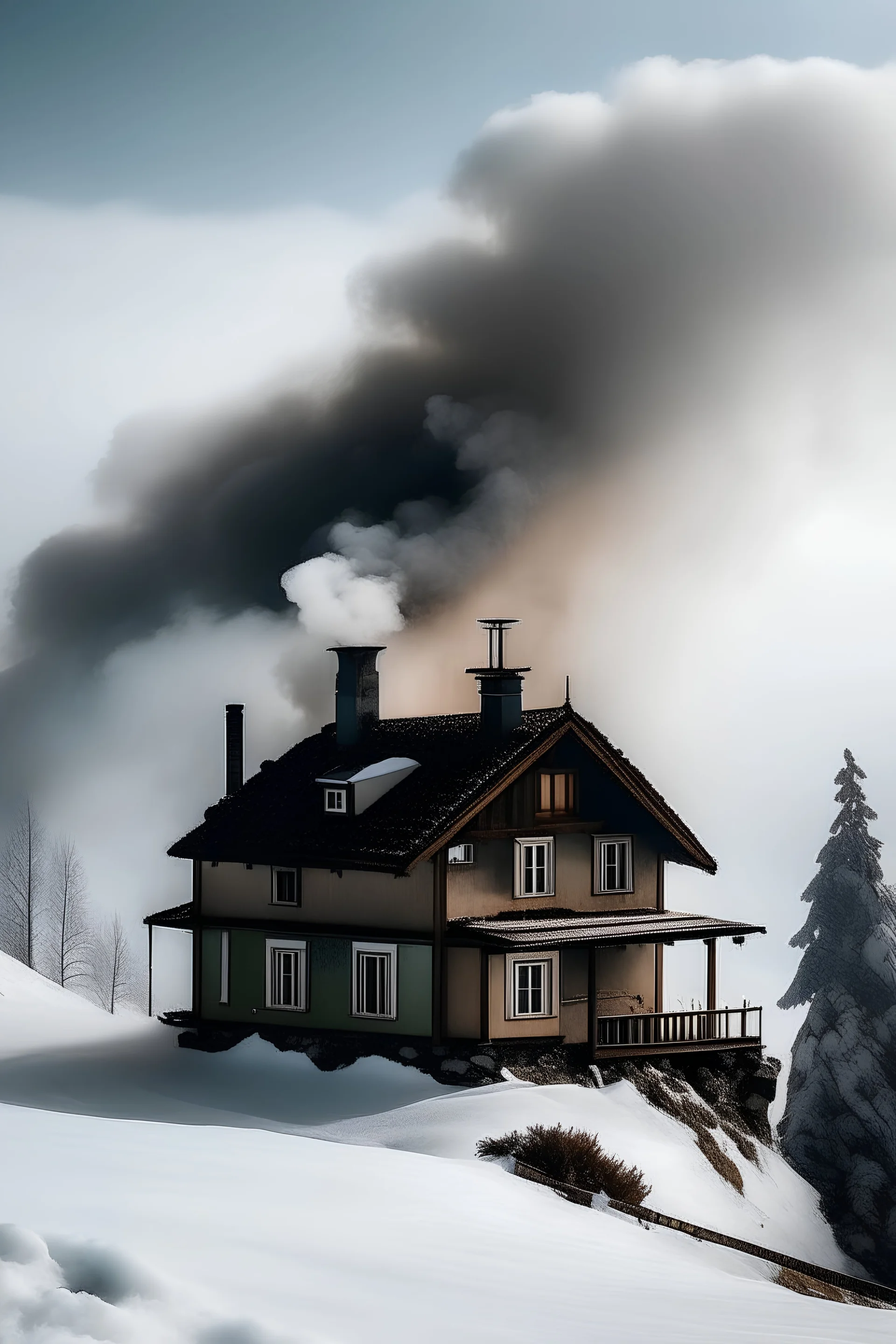 A house on a snowy mountain with smoke rising from it