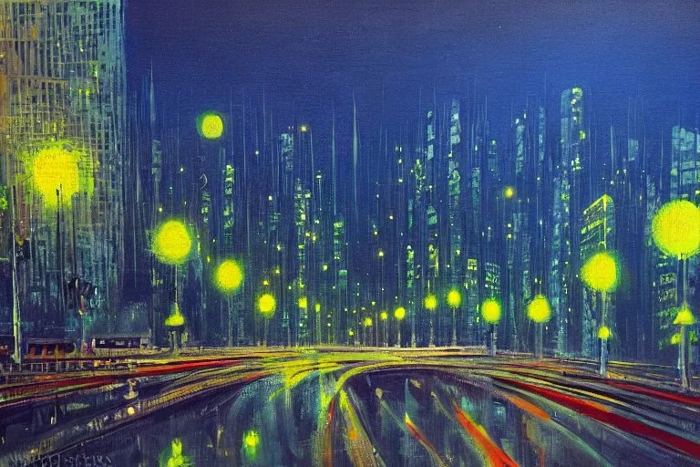 Night, futuristic buildings near trees, highway, people, sci-fi, impressionism, ealistic painting