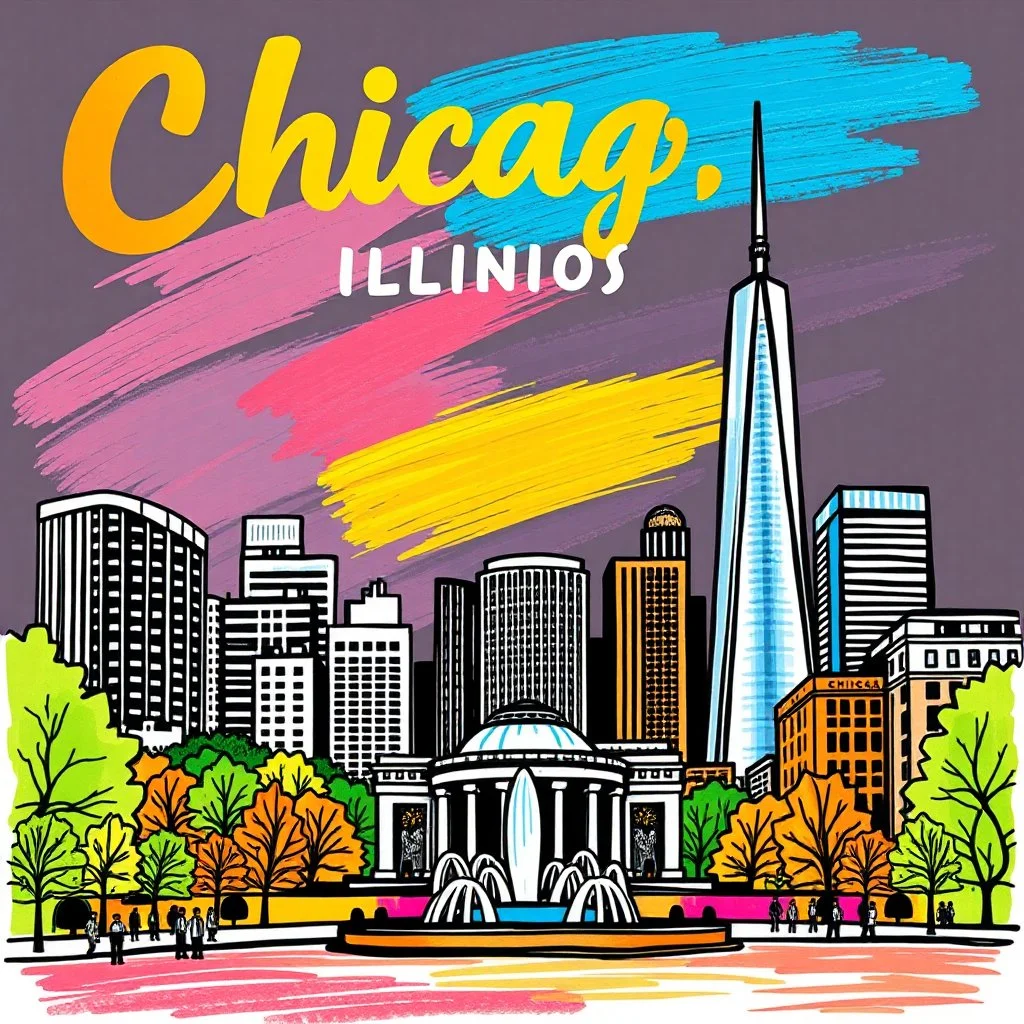 tourist poster of Chicago, Illinois in vibrant marker art style, featuring iconic landmarks such as Cloud Gate, Buckingham Fountain, Sears Tower illustrated with bold strokes, vivid colors, hand-drawn marker textures, sketch-like outlines, and coloring-book aesthetics. Include dynamic urban scenery, expressive ink shading, playful imperfections, and energetic travel-poster composition. Typography “Chicago, Illinios” prominently displayed on top in stylish retro travel font, clean poster layout,