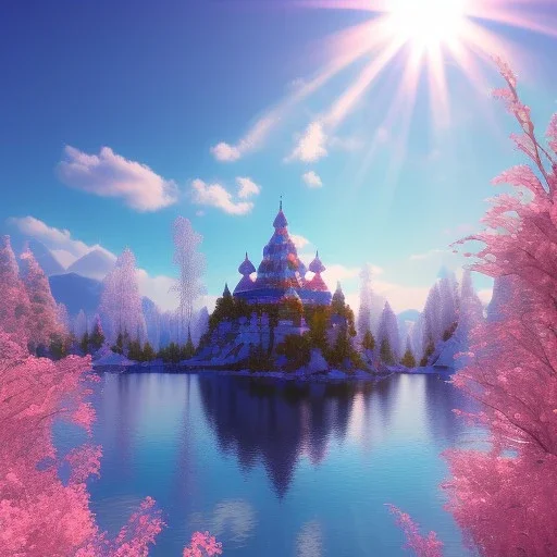 joli petit temple de cristal, lac turquoise, soleil, ciel rose et bleu, lumière, fleurs délicates, ambiance très réelle, 8k, Cinematic lighting. Photorealistic. Dynamic lighting. Imperial colors.