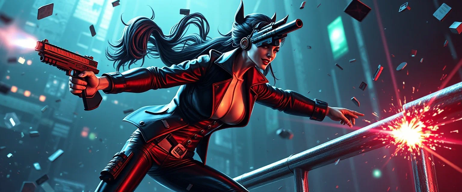 airbrush 3d rendering, mafia cyberpunk stylish lady dr smick Vex is now officially in stasis. No experiments. No clones. No accidental galaxy-ending breakthroughs. sci fi guns and rays, shattering glass background, flying debris, wicked smile, jumping guard rail pose