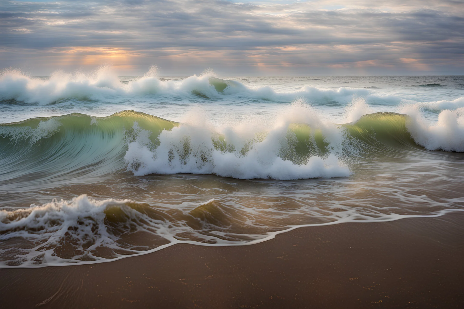 an ocean coastline at dawn time close up view on the waves on the shore