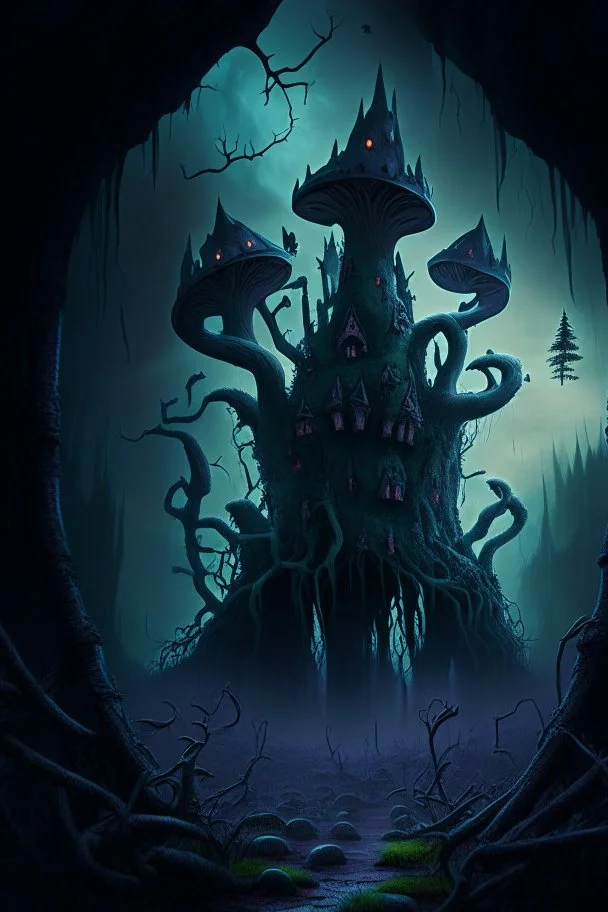 A frightening mushroom forest dungeon with a twisted bramble evil castle in the background