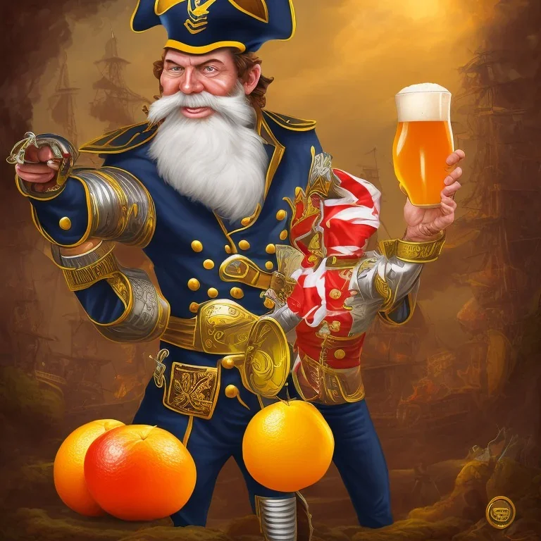 Ein Captain der Captain cidra heisst. Er hält ein Bier in der Hand. Er steht vor einem piratenschiff. Im Hintergrund sieht man Zitrusfrüchte