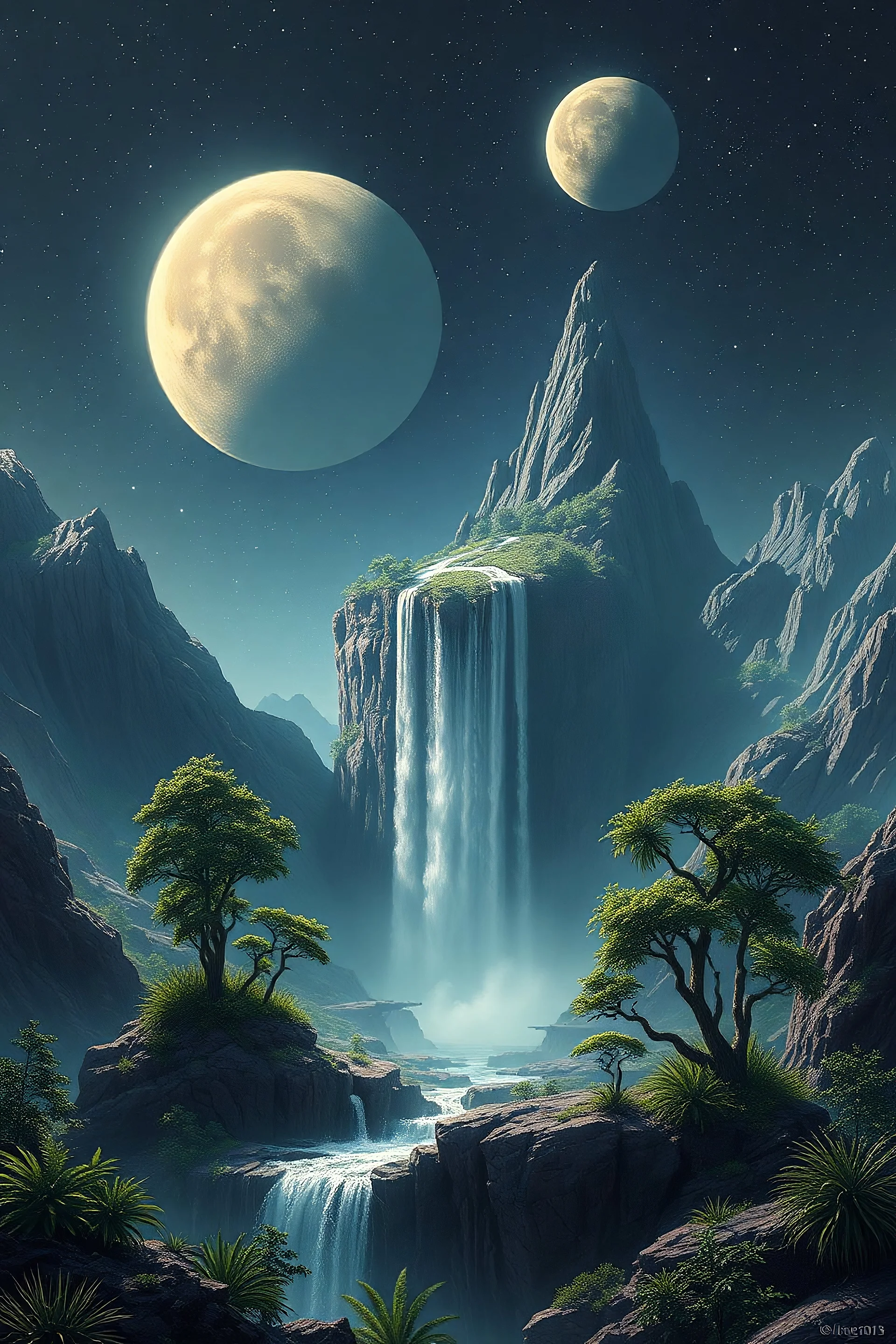 Alien planet with waterfall,trees 2 moons, mountains,