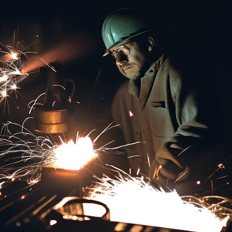 Imagen realista y dramática de una trabajador en una fábrica de fundición rodeado de las chispas que saltan, en medio de la penumbra, primer plano del trabajador mirando la pieza que funde. Fotografía periodística realizada con una cámara Leica y un objetivo de 50 mm