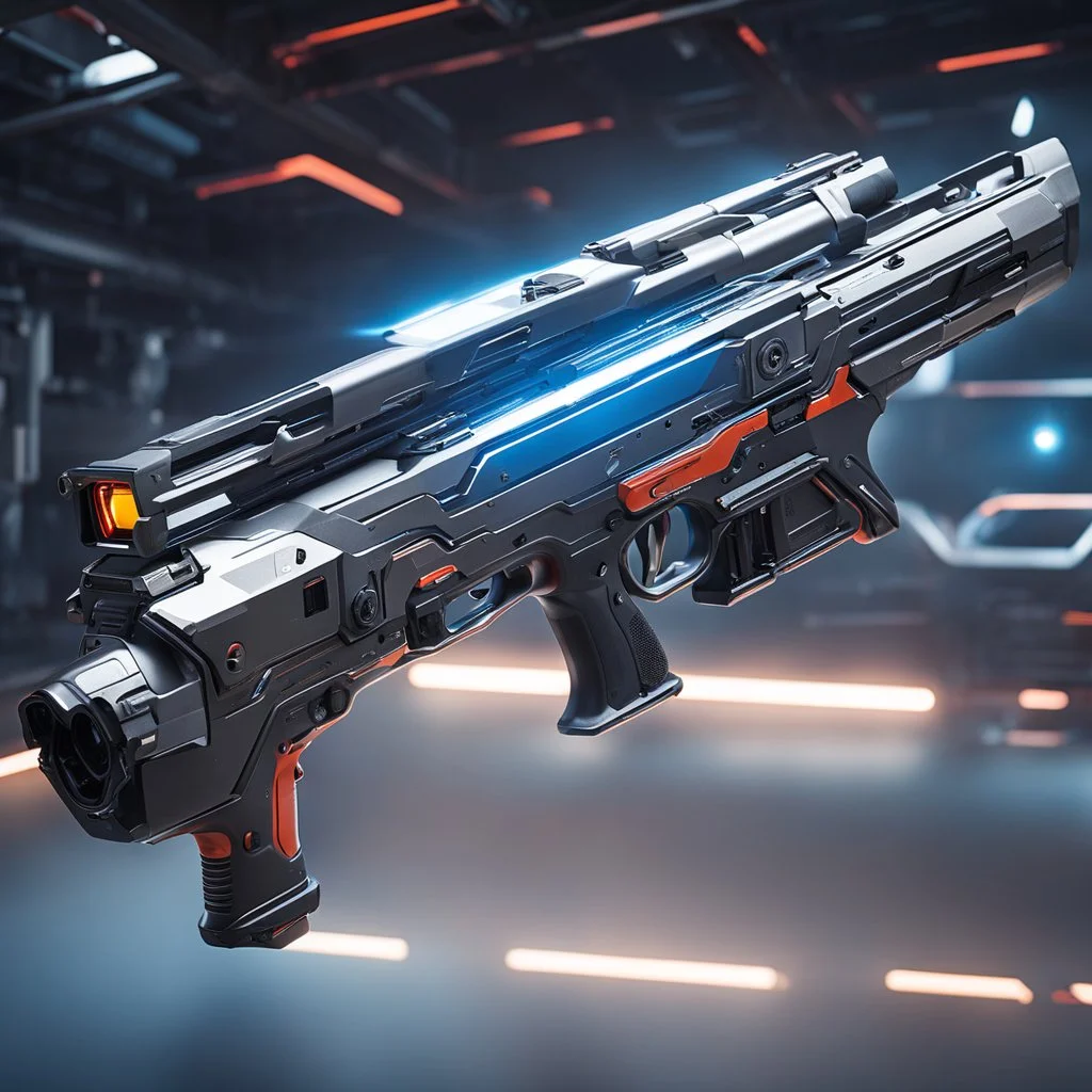 futuristic space gun inside a high tech armory