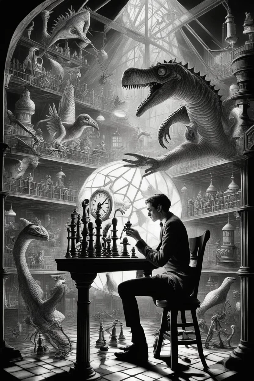 news paper journalist loab harlequin playing burning chess geese dinosaur reptiles in very bright light bulb factory on the docks with twisted ladders with the most a confused look on his face in front of a huge glass prism clock with angels, in the style of Escher and Giger