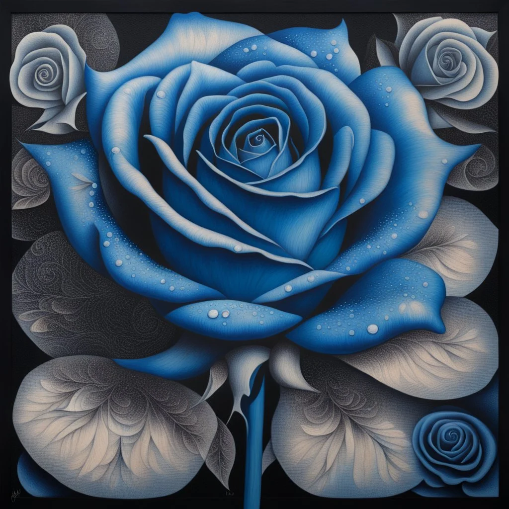 A detailed high quality surreal painting of a delicate, shimmering single blue animorphic rose that had a small pretty face in its petals, pouting, background is a blurred black and white hypnotic pattern, very mod, 1960s inspired art, psychedelic, highly detailed conceptual art, mixed media collage, dark fantastical atmosphere, fine lines, dali-esc, beautiful and natural, strange art, optical illusion