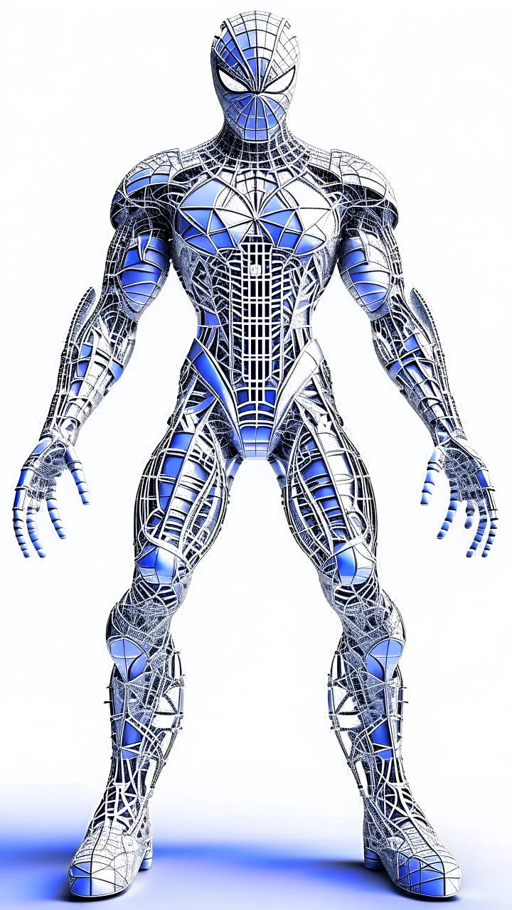 Arte lineal Spiderman cyborg de pie, full body calidad ultra, hiperdetallado, maximalista, color blanco, increíble obra de arte piernas completas pies completos