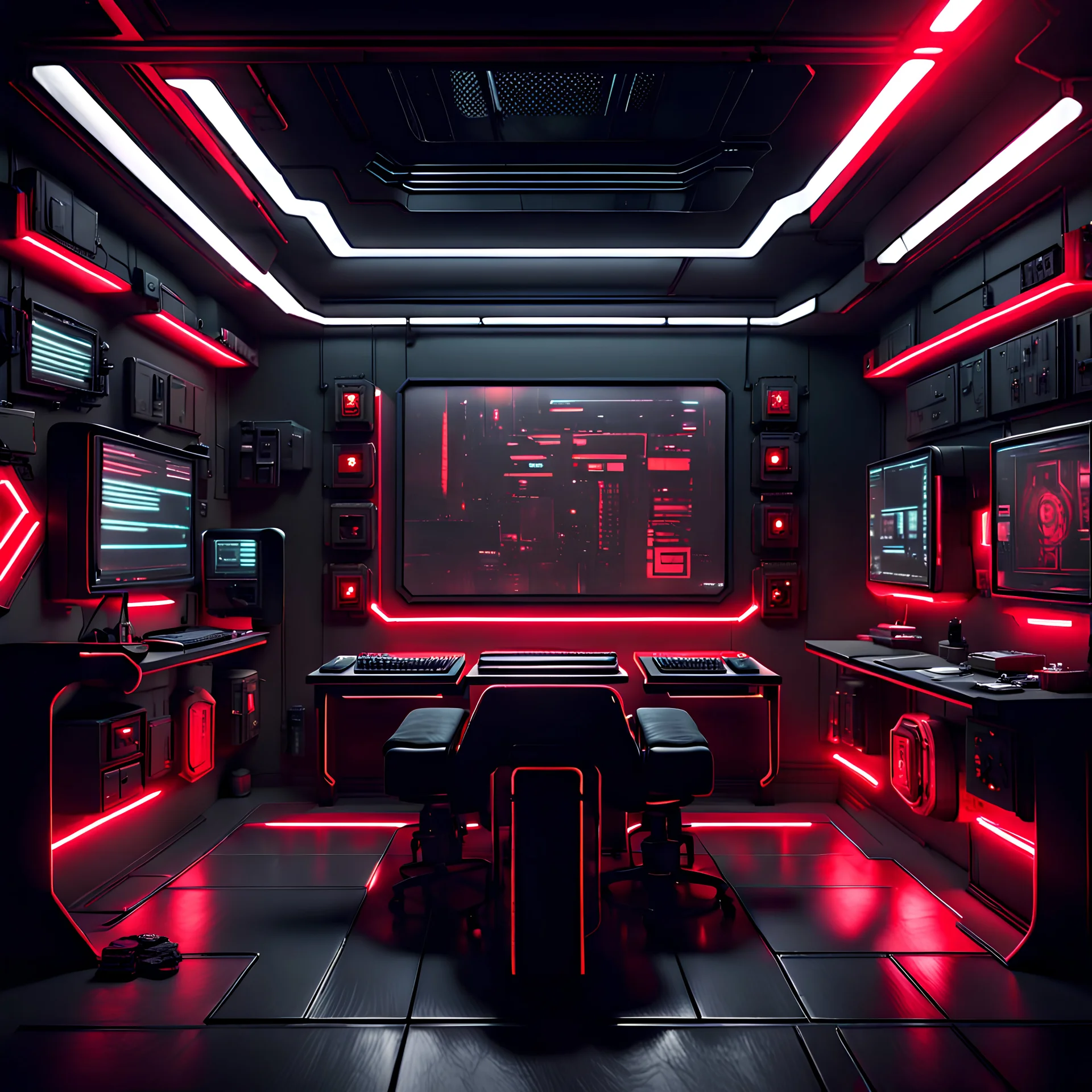 cyberpunk advanced scouting room, simple design, clean layout, muted lights, soft lighting, red and black color, black shading, grey lighting, dark