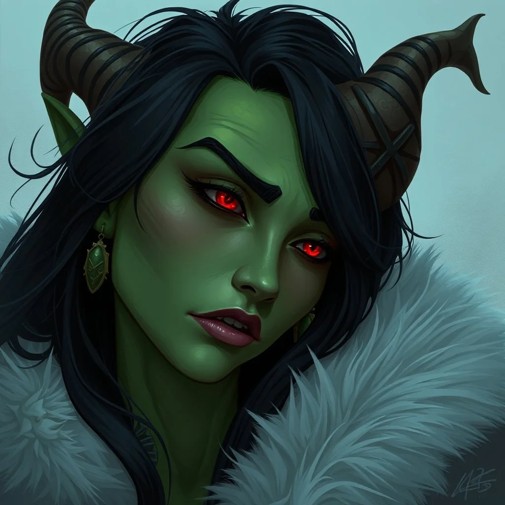 A digital illustration of an orcish woman, green skin, black hair, red eyes, wearing furs, lost in thought