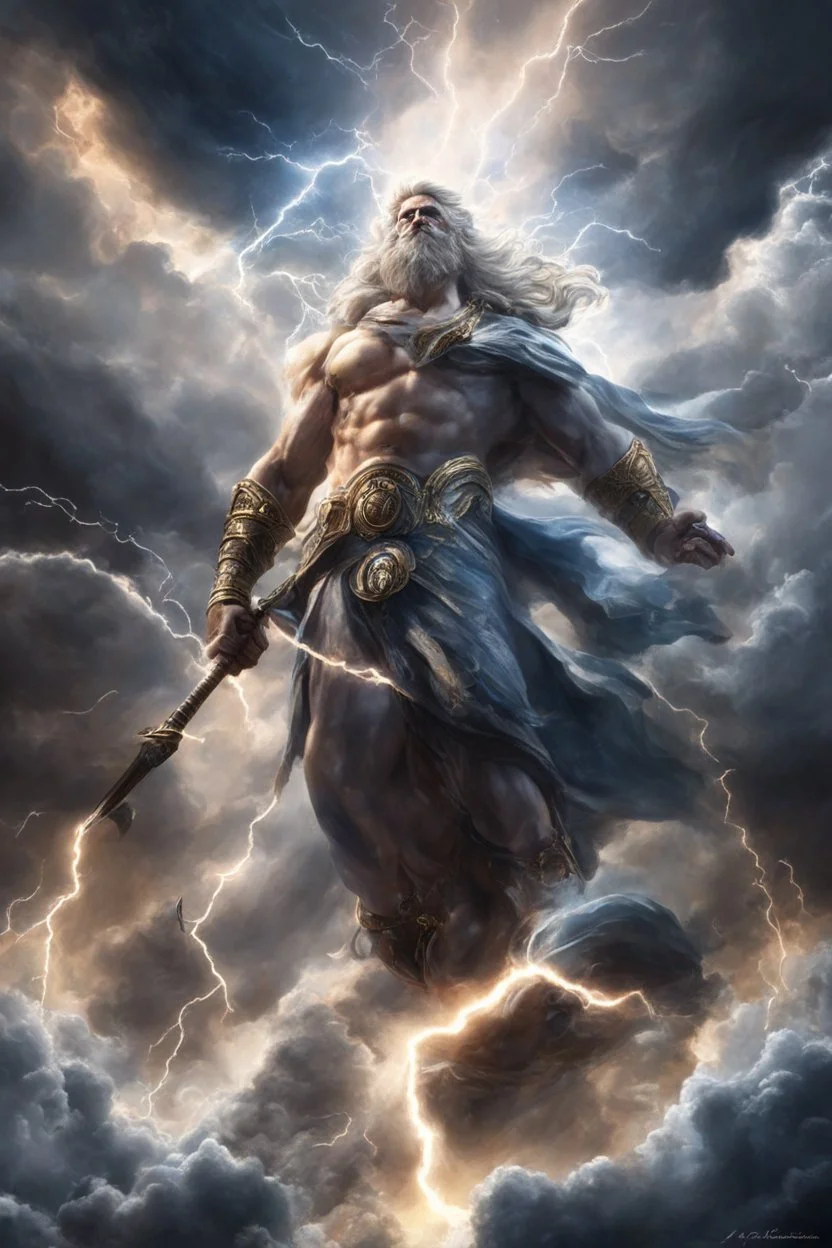 A breathtaking digital artwork portraying the might and power of Zeus, wielding thunderbolts amidst dramatic clouds, (breathtaking digital art:1.4), (mighty Zeus:1.5), (thunderbolts and dramatic clouds:1.3), (expressive and dynamic ambiance:1.2), influenced by classical depictions and the heroic tales of Zeus, trending on CGSociety, Intricate, Sharp focus, dynamic lighting, (captivating:1.4), (godly ambiance:1.5), (powerful details:1.3), Masterful, Exquisite, Artful, High Detail, Cinematic view