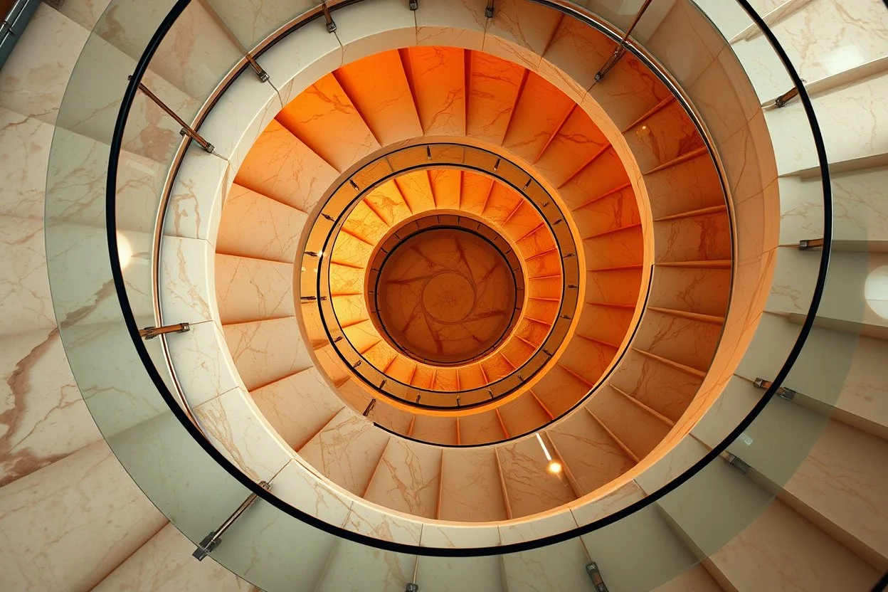 non-euclidean AI hallucination in a perfectly circular staircase made of marble and glass, looking down, vortex vibe, circular swoosh, swirl dynamics, UHD photo, photo-realistic, extremely detailed, intricate, ultra-high quality, amazing reflections, wonderful textures, perfect shadows, hyper-realism, vibrant bold radioactive hyper-colors of orange and beige and drab