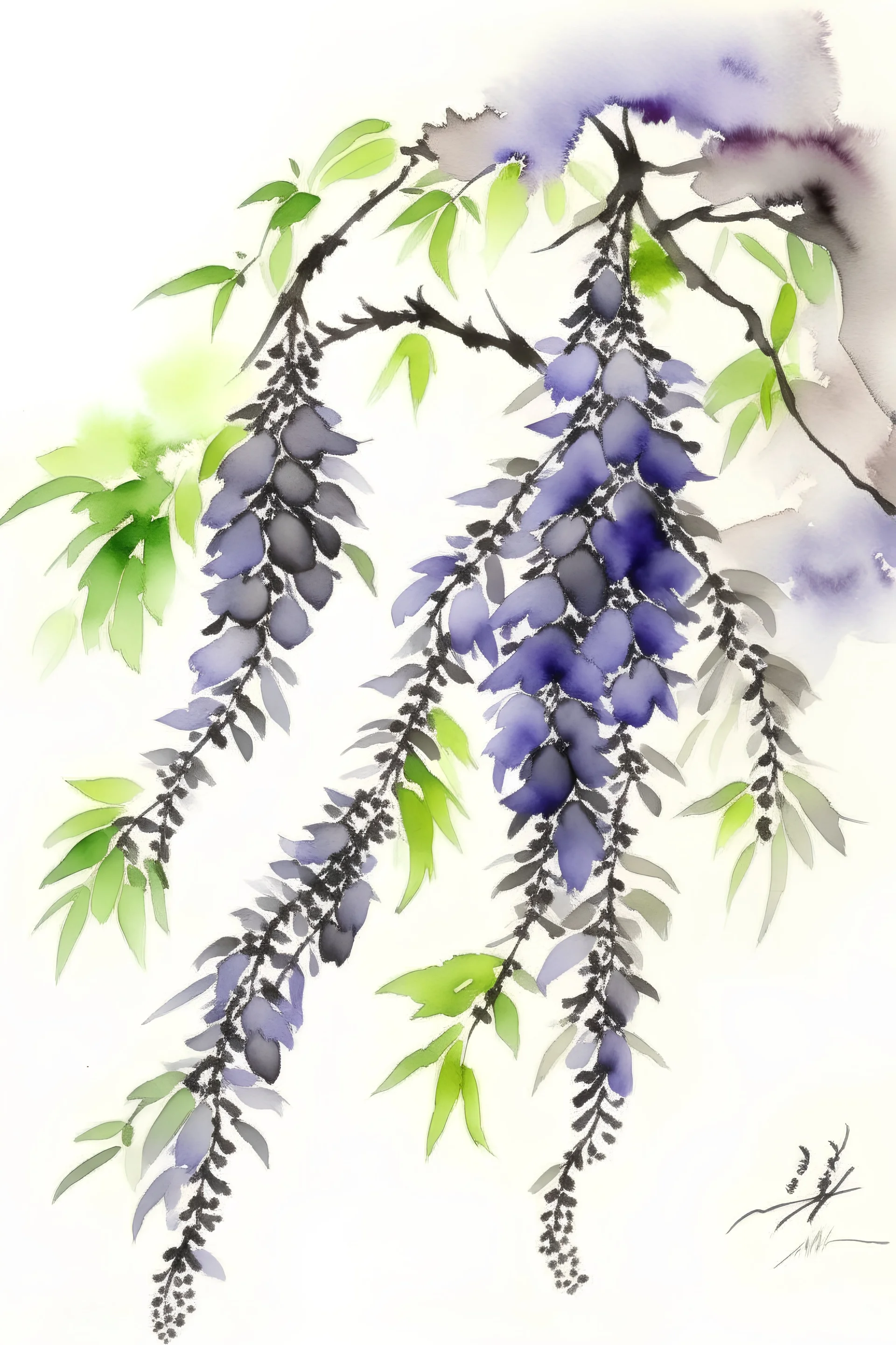 Japanese watercolor of wisteria tree, in the style of Sumi-e