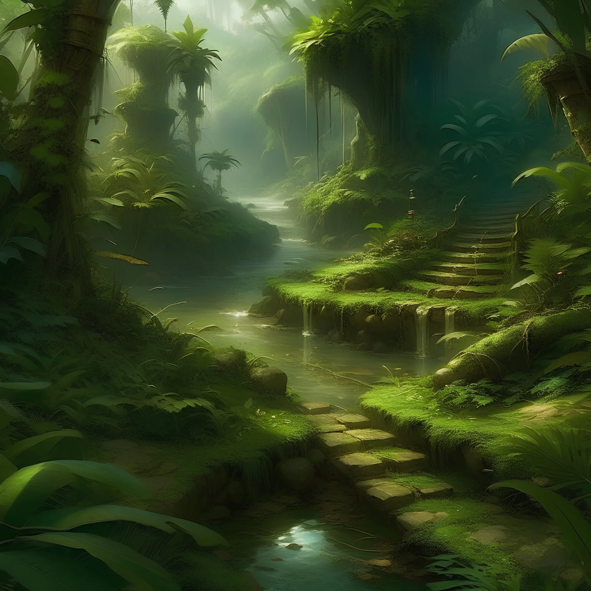 jungle path next to a river on the rightfantasy art