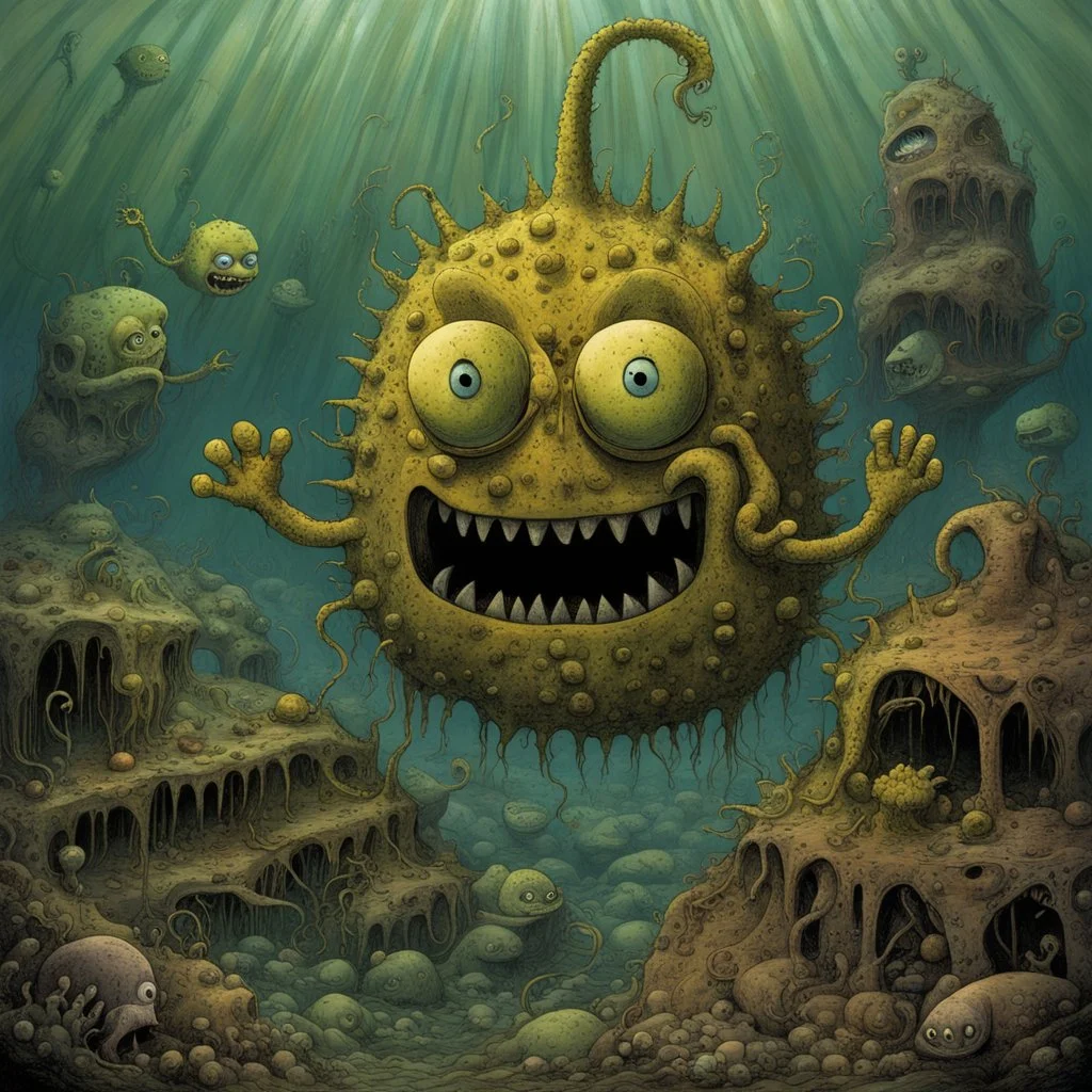 Surreal Scary decayed bloated Sponge Bob Squarepants having a bad day strung out and psychotic looking, 'he lives in a nightmare under the sea', alternate SpongeBob evil world by Alan Lee, by Zdzislaw Beksinski, by Michael Whelan, unnatural comix landscape, horror art, creepy eerie, dystopian.