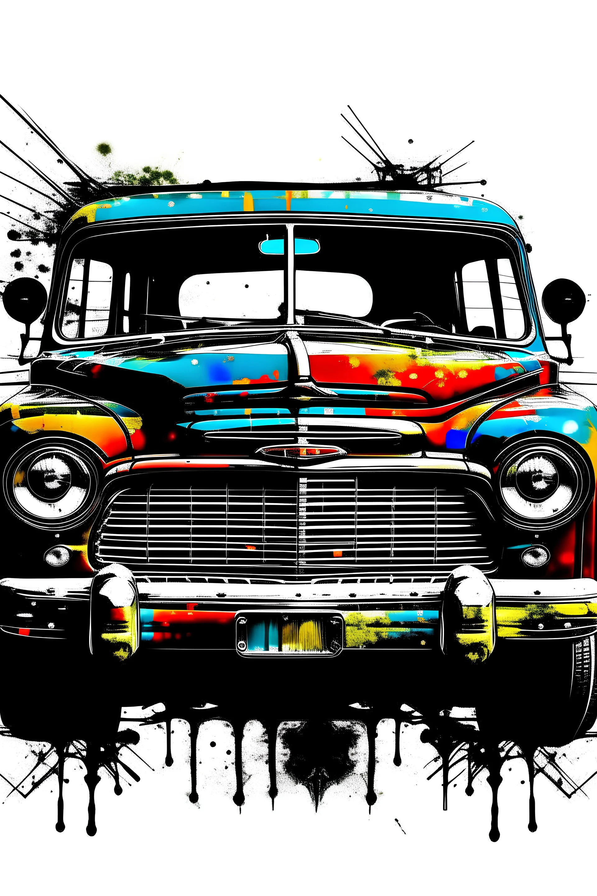 Vintage tshirt print design (on a white background:1.2), Retro Silhouette drawing of 1952 GMC Suburban from the front, with colors ink pop art blackground,delicate,filigram,centered,intricate details,high resolution,4k