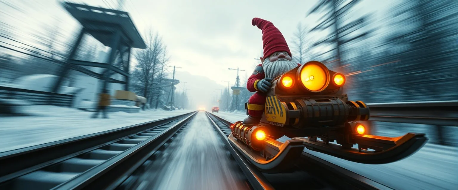 close up on gnome hit man with rocket boots in suit on a mech sled on rail road in winter wasteland, style of fallout 4, high speed with motion blur, on elevated road