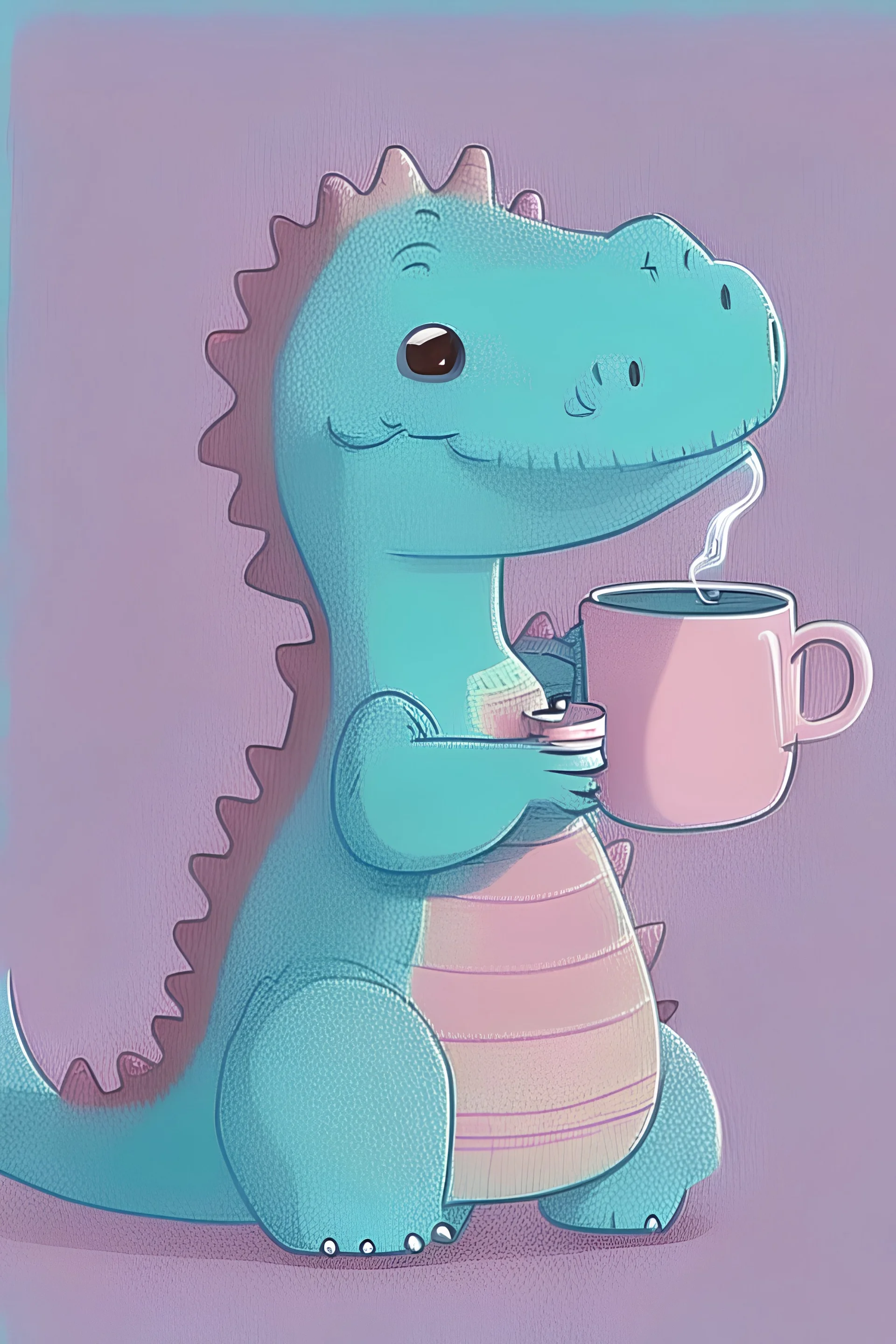 Cute flat animation of a dinasor, The dinasor is soft pink with cute eyes and a lovely look, without nostrils. The dinasor is a basic simple cartoon character With small hands, without many details, Without scales. The dinasoor is enjoing drinking tea from a blue cup. She is holding the cup with her hands.