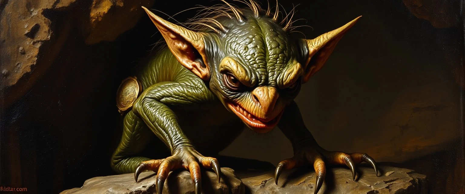 master oil painting by Rembrandt, creature from before the dinosaur gremlin