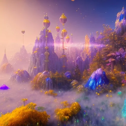 blue gold and violet landscape with multicolored crystals falling from the sky, full of details, smooth, bright sunshine，soft light atmosphere, light effect，vaporwave colorful, concept art, smooth, extremely sharp detail, finely tuned detail, ultra high definition, 8 k, unreal engine 5, ultra sharp focus