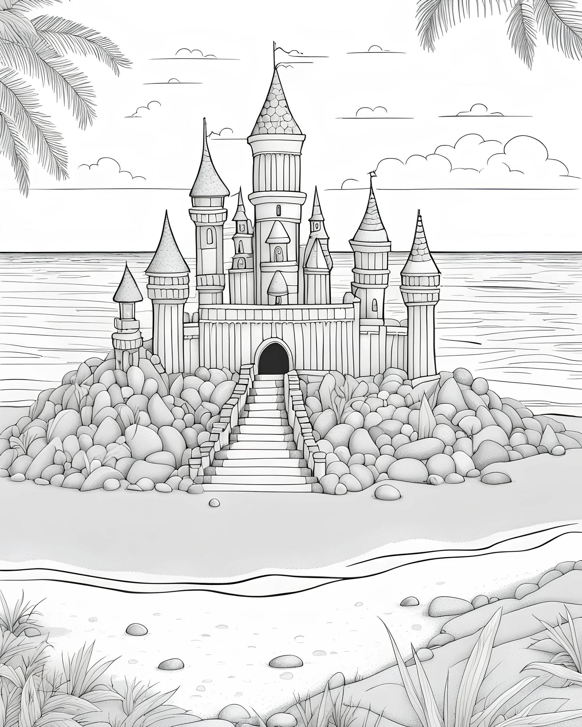 coloring page for adults, a sandcastle made of sand and pebbles on the beach, high details, very intricate, black and white, no color.