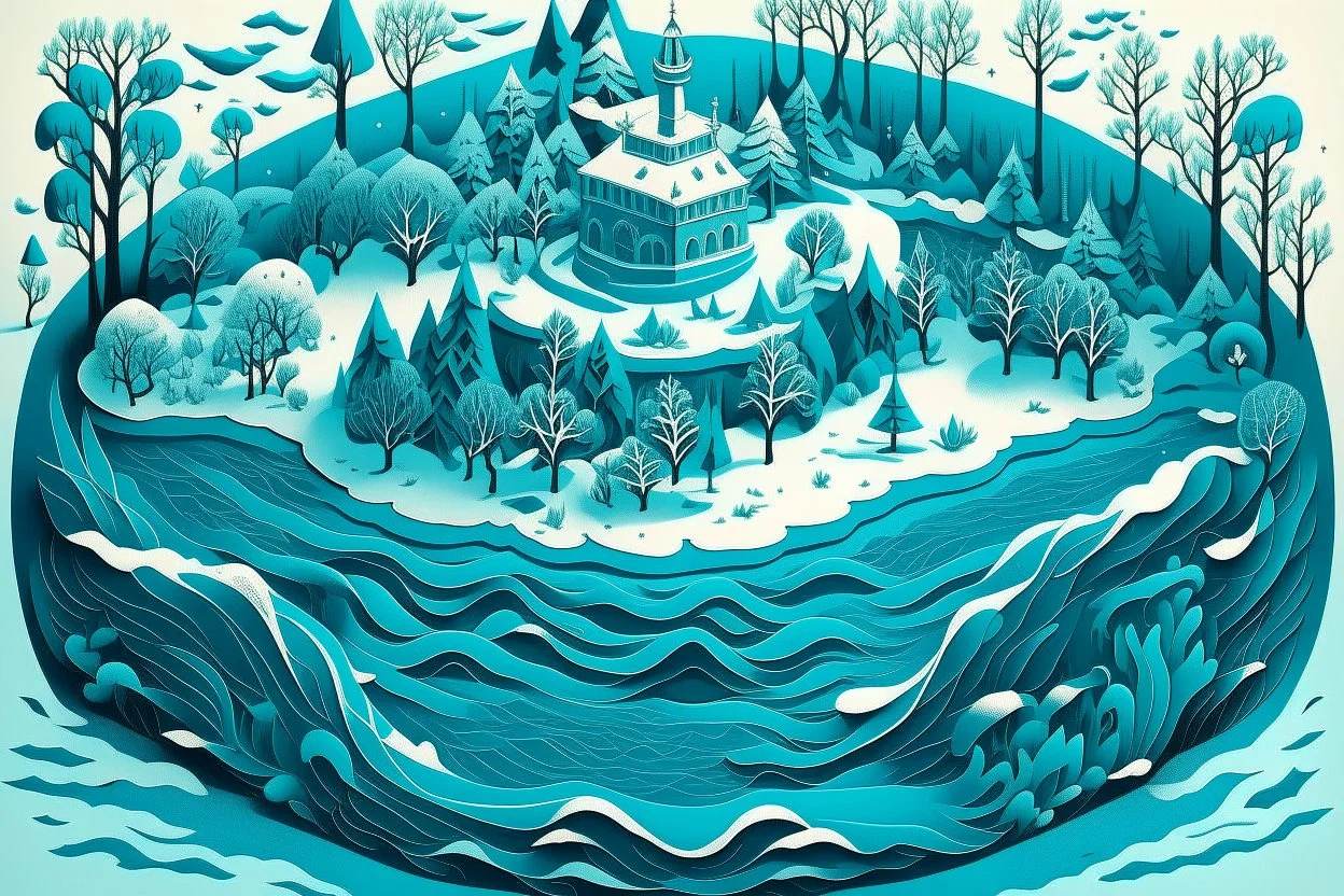 A cyan winter island with oil designed in German folk art painted by MC Escher