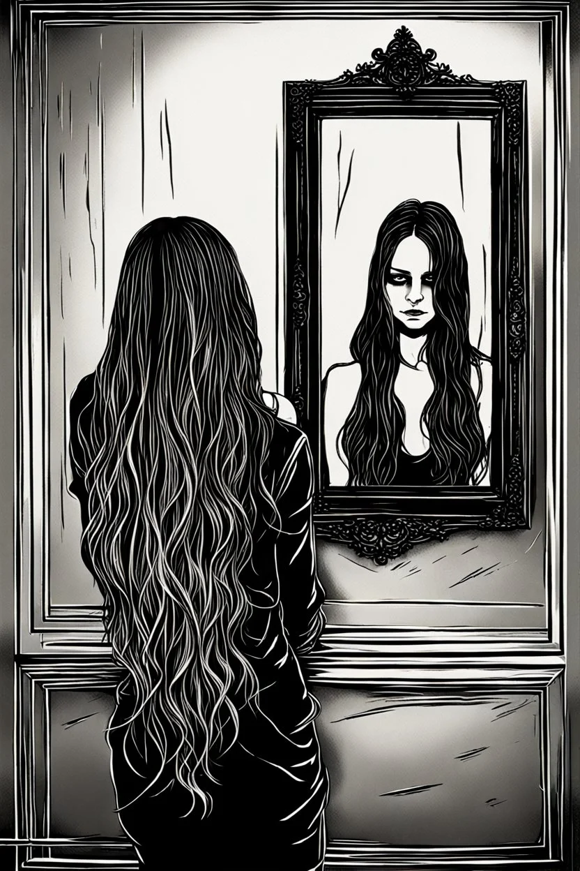 back view of a woman, beautiful long hair, her reflection in a mirror is an empty face, symbolism for the question "who am I", 32k, Mysterious and gothic, chaotic