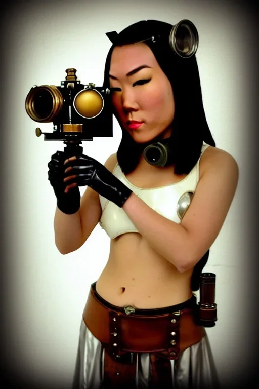 Steam-punk style random-mask. Large fencing mask covers cheeks. Trim girls. Reflective white plastic skin. Camera lenses as eyes. Head full of integrated old-fashioned cameras. Golden to cyan surfaces body, latex. Perfect body, thick thighs and calves. Asa Akira. SElfie with old-fashioned cameras in both hands. Wide hip, skirt bleats nicely. Camera at mons veneris. Partly symmetrical. Black wide leather belt with camera. Euclidean 3D-tiling walls. surrealistic. surveillance walls