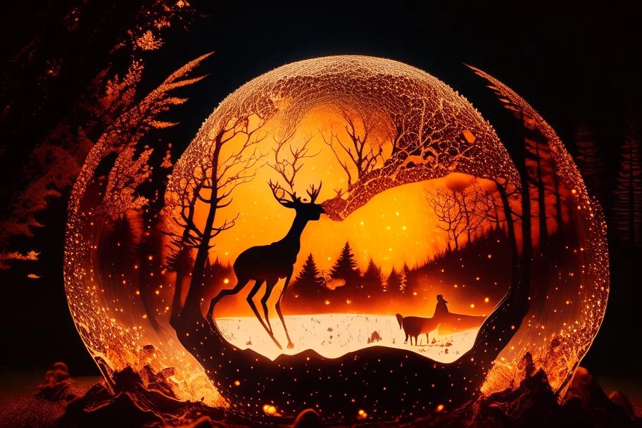 a globe made of glowing orange-red salt material covered in gold lace, about 60% of which is visible, with a glowing light inside, double exposure, in the foreground a black silhouette of a deer jumping dynamically, in the background a landscape with a beautiful forest and a waterfall in the sunlight