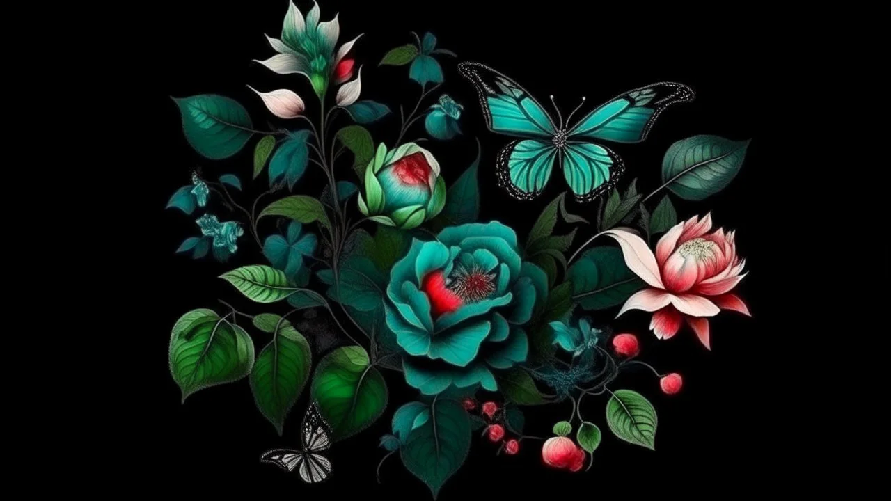 Floral composition of Jade Vine, ghost orchid, Lotus, Camellia japonica, Banksia, Dicentra Formosa, assorted leaves, and butterflies on a dark background