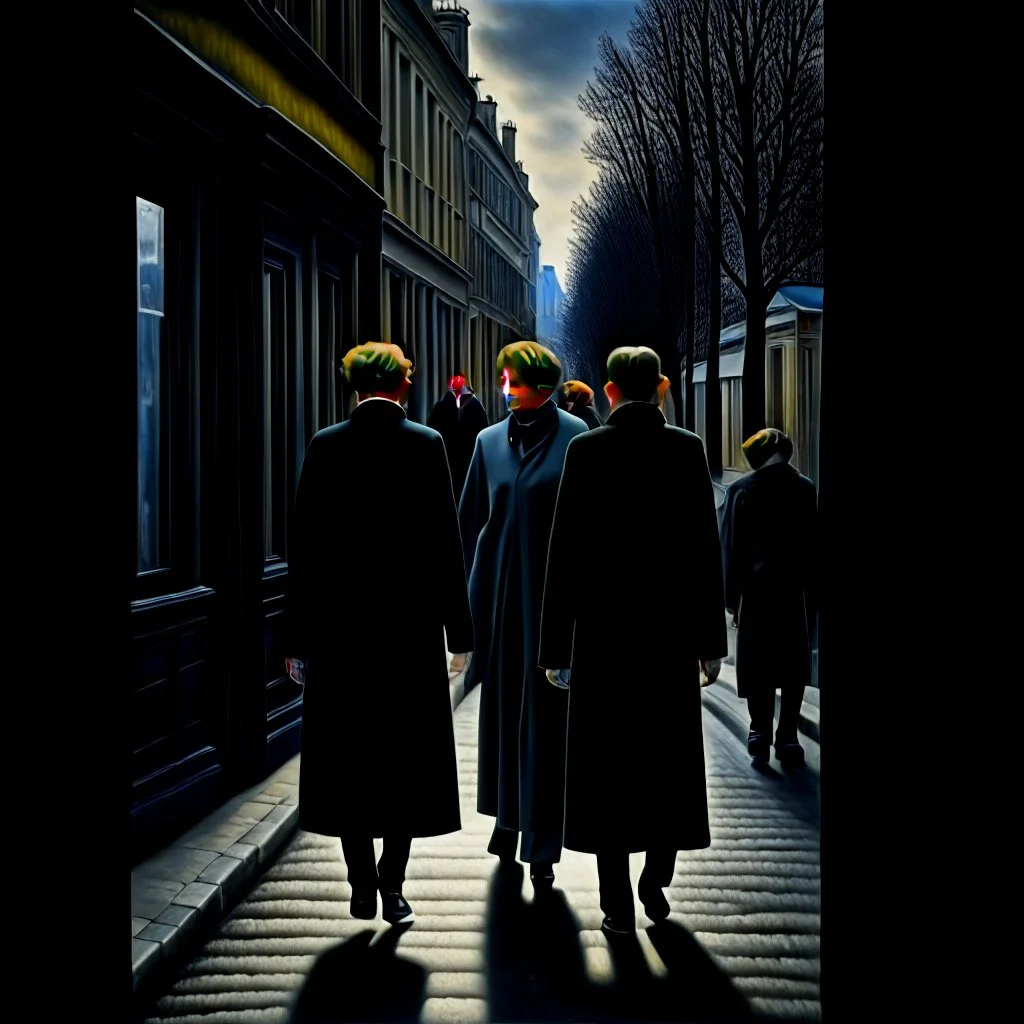 People walking on a street, Paul Delvaux style, odd, naïf, paranoic, photorealism