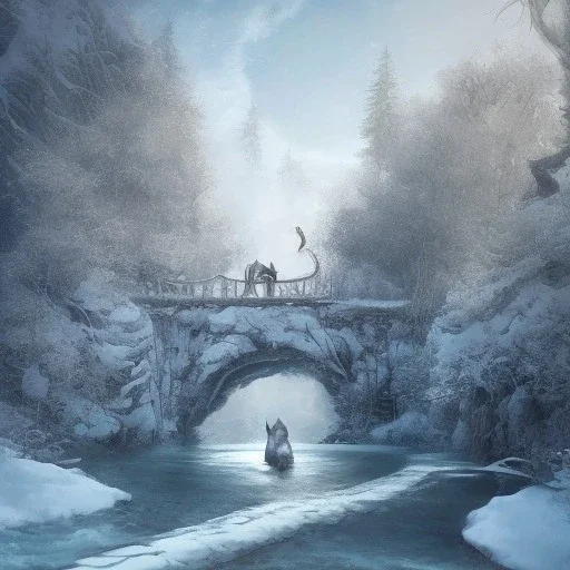 fantasy art of close up on big wolf and a wizard walking on very tight tree bridge over icy water