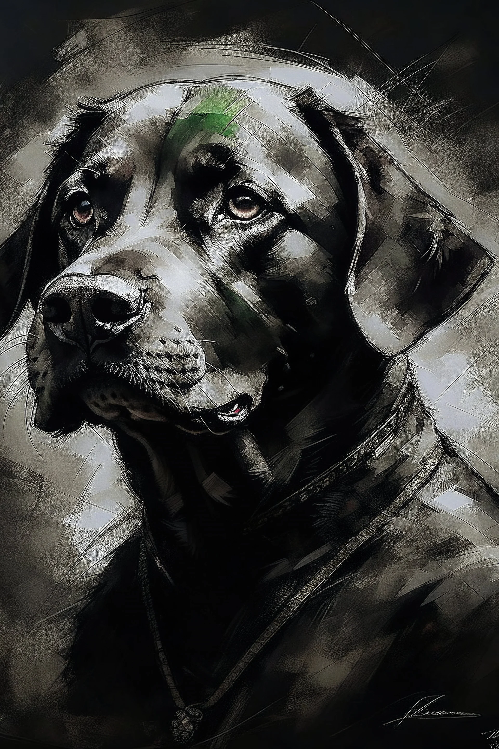 Portrait of a black Labrador in the style of Yoji Shinkawa, Guy Denning, Florian Nicolle, Willem Haenraets