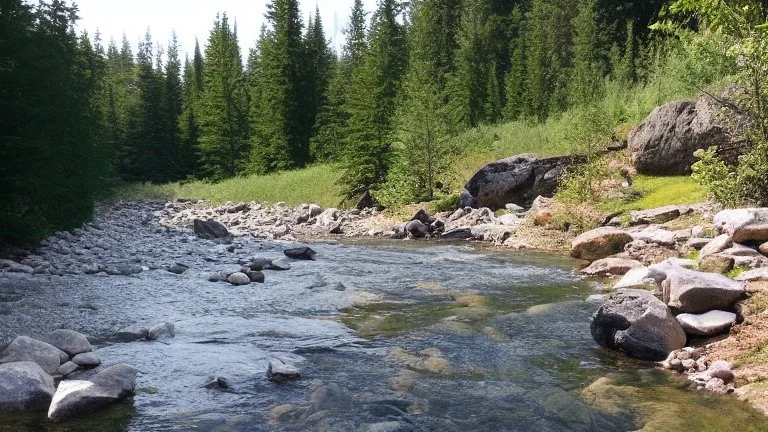 river flows over the rocks to the lake