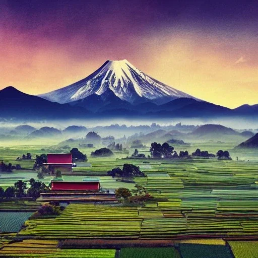 incredible, stunning japanese rice fields with wood shanties, mountains in the distance, colorful morning sky and mist, 8k, high-quality, ultrafine-detail, intricate, detailed matte, digital painting, artwork, brian froud, howard lyon, selina french, anna dittman, Wajima Ishikawa, Greg Rutowski