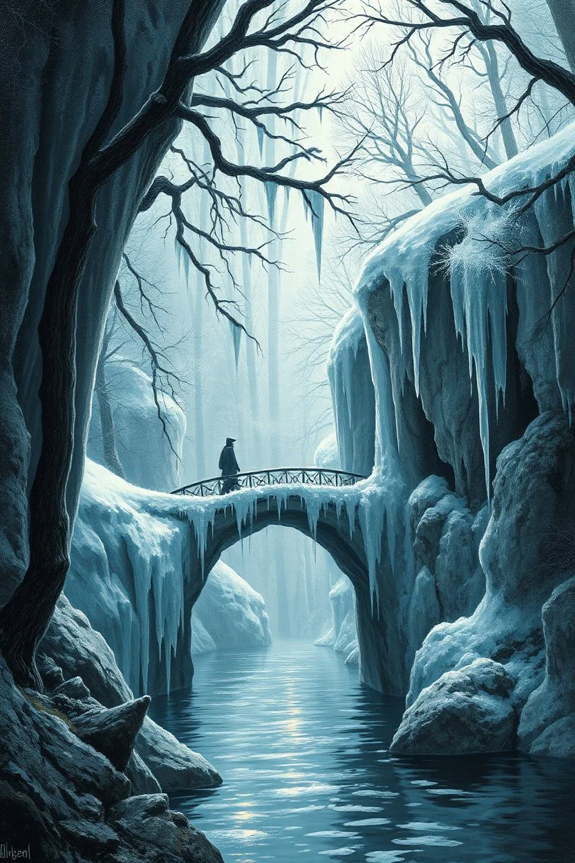 **Crystalline Bridge** *(Twisted Archaic Version)* *(Verse I)* Beneath the frozen boughs he strode, Where glassy frost did bite the road. The bridge did arch o’er shadowed flood, And whispering waters ran like blood. Each step a ghost, each breath a flame, The cavern shivered at his name. *(Verse II)* From corner dark, a rustle, a squeak, A nimble shadow, clever and meek. Its eyes did glimmer with childish guile, Yet laughter edged with malice vile. This creature small, yet fearsome bound, The
