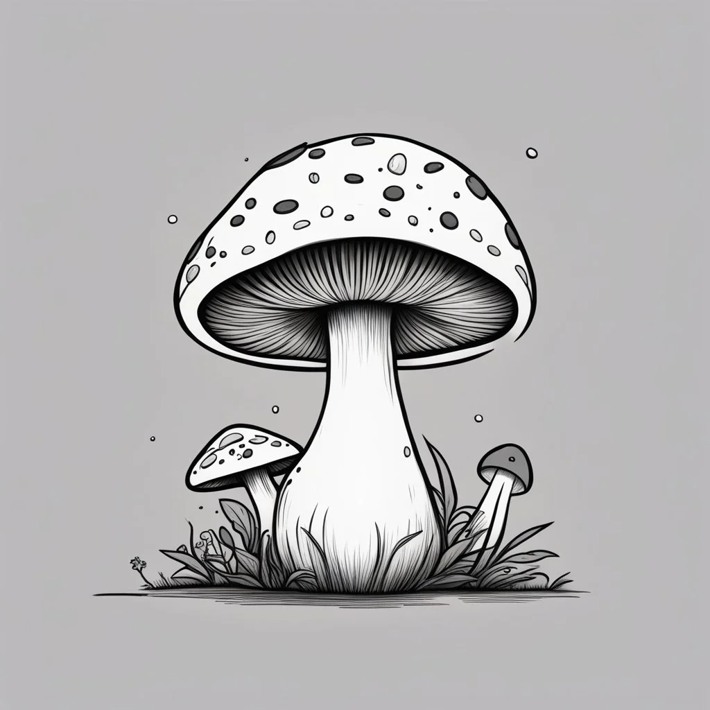 mushroom, black and white, cartoon, drawing, cute, creature, simple