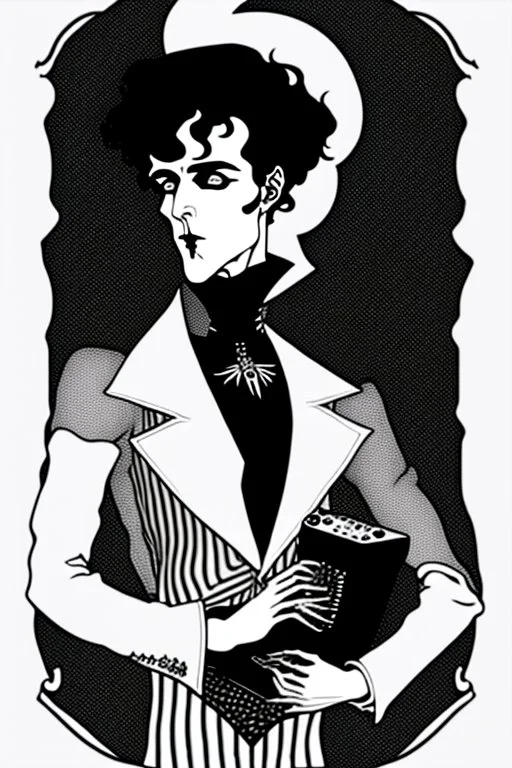 goth male necromancer with black hair playing a theramin in the style of Aubrey Beardsley